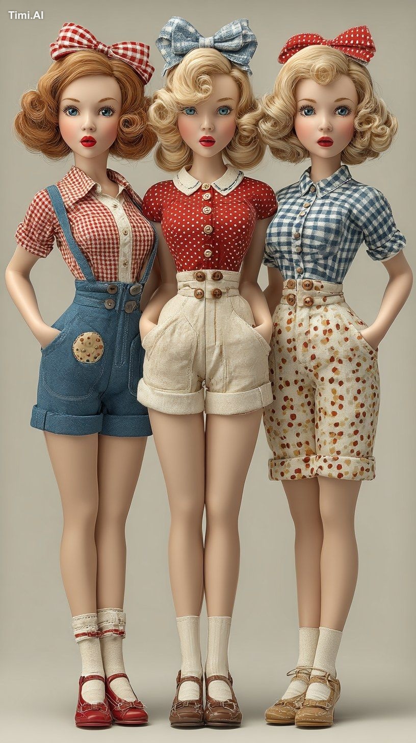 three vintage-style 18-inch dolls wearing 1940s inspired play suits, re…