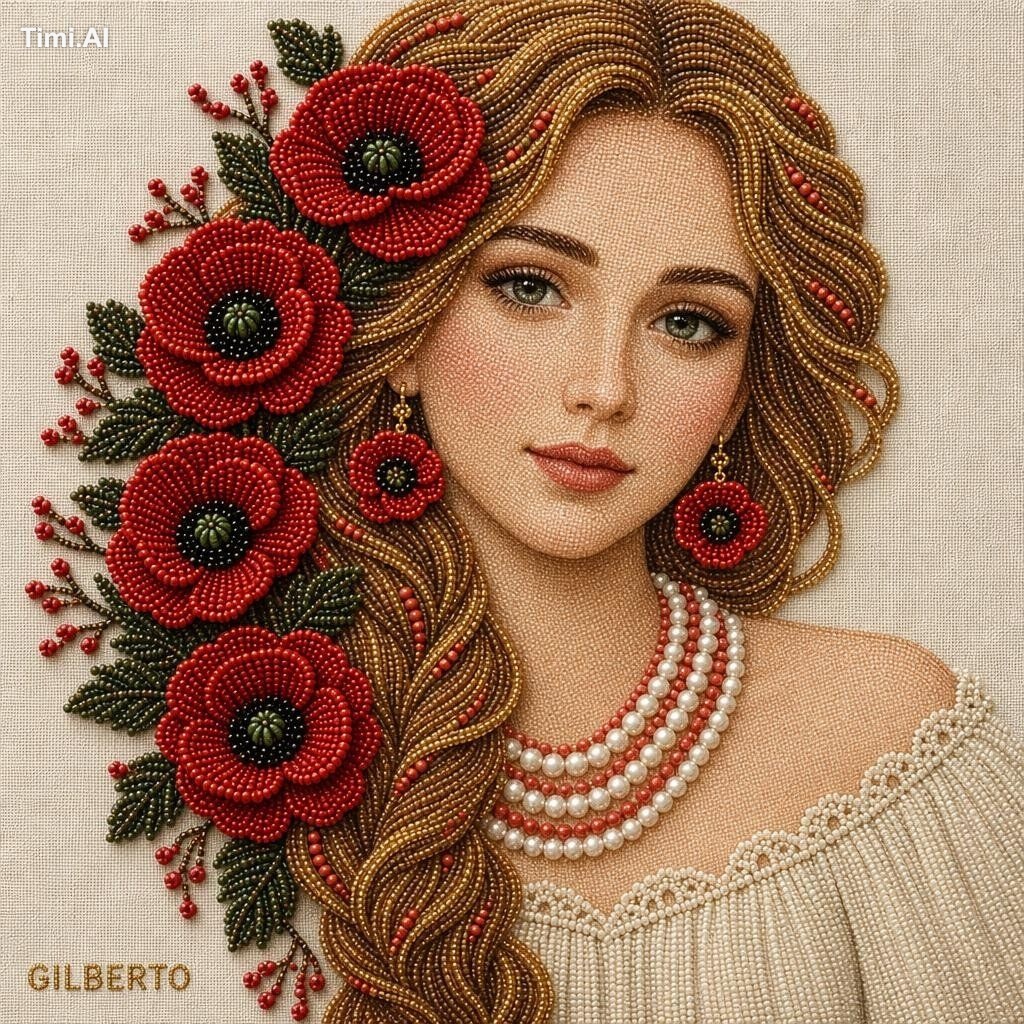 Create a luxurious 3D stumpwork and seed-bead embroidery portrait of a …