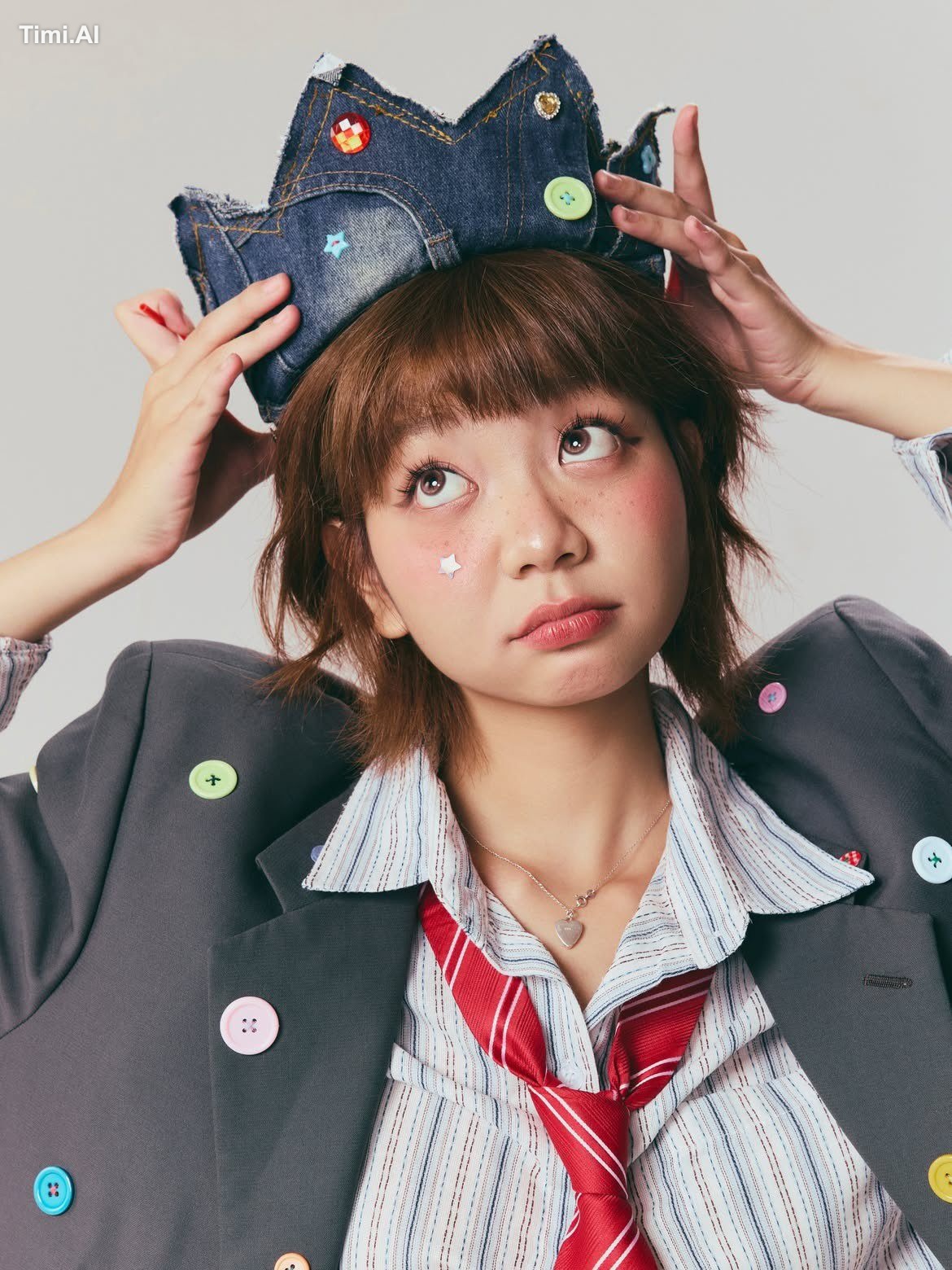 Ultra-realistic editorial fashion portrait of a playful young woman wit… 1