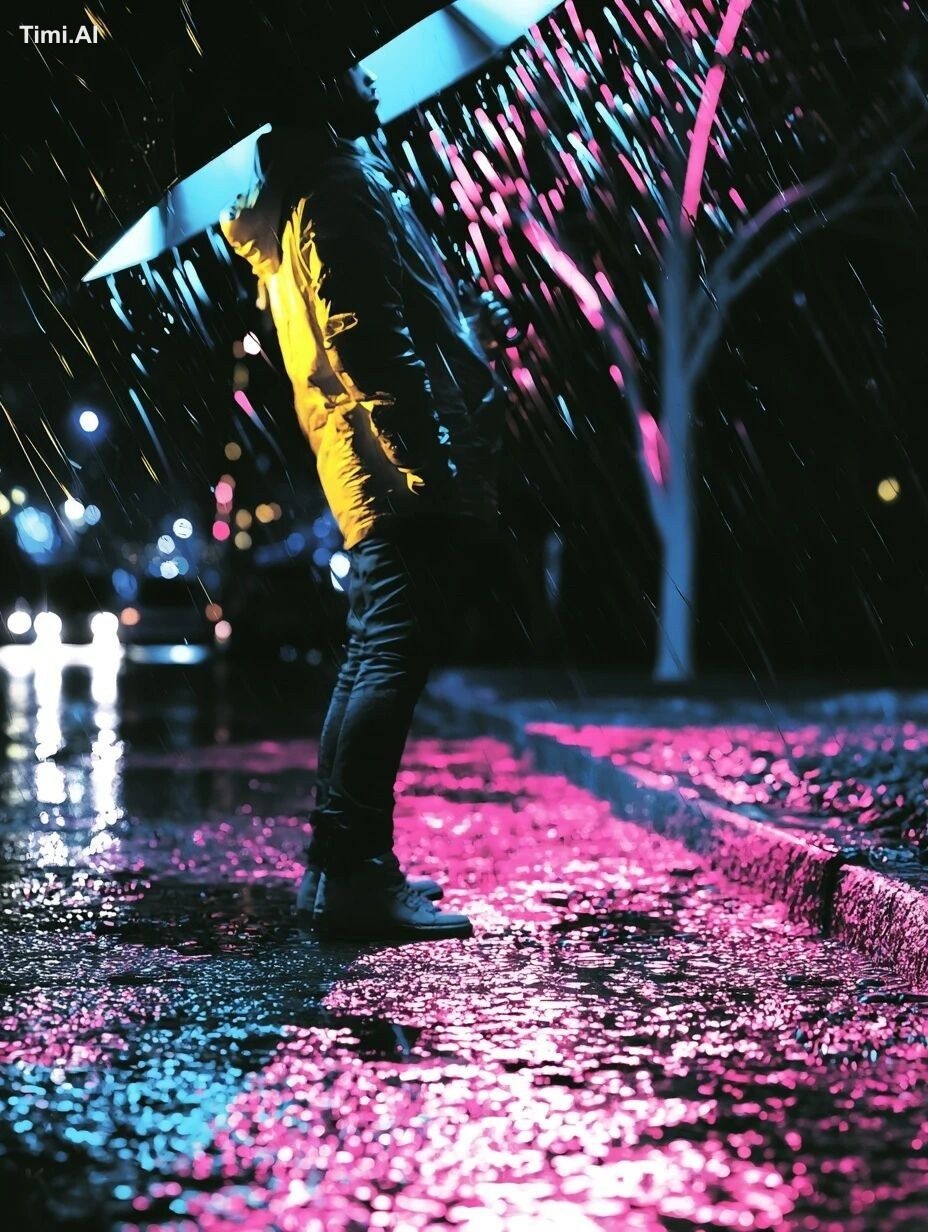 man standing in the middle of the street, pouring rain, nighttime, wet …