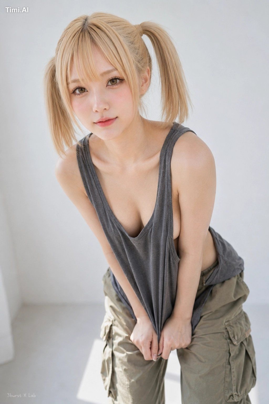 添付画像の女性と同一の架空の成人女性。顔立ち・髪型・体格・雰囲気は維持し、服装・背景・ポーズのみ変更する。21歳以上の成人女性。 主題：白〜淡…