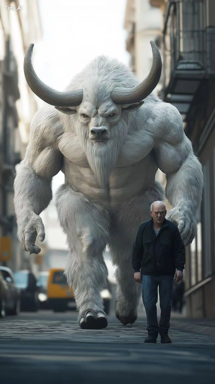 A gigantic, muscular, white bison-like humanoid with large horns is wal…