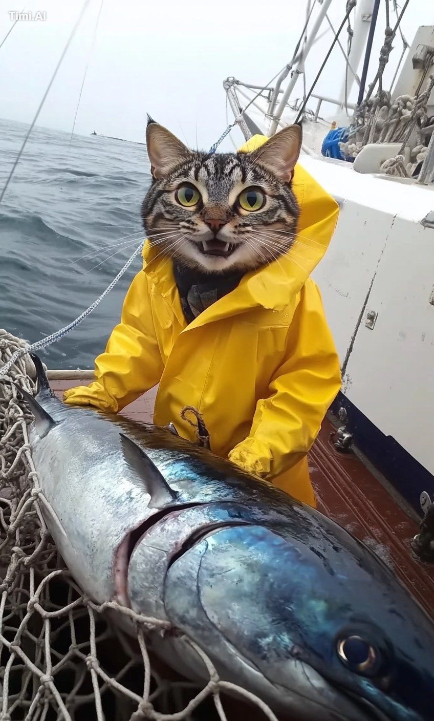A happy, smiling cat in a yellow raincoat stands on the edge of an open…