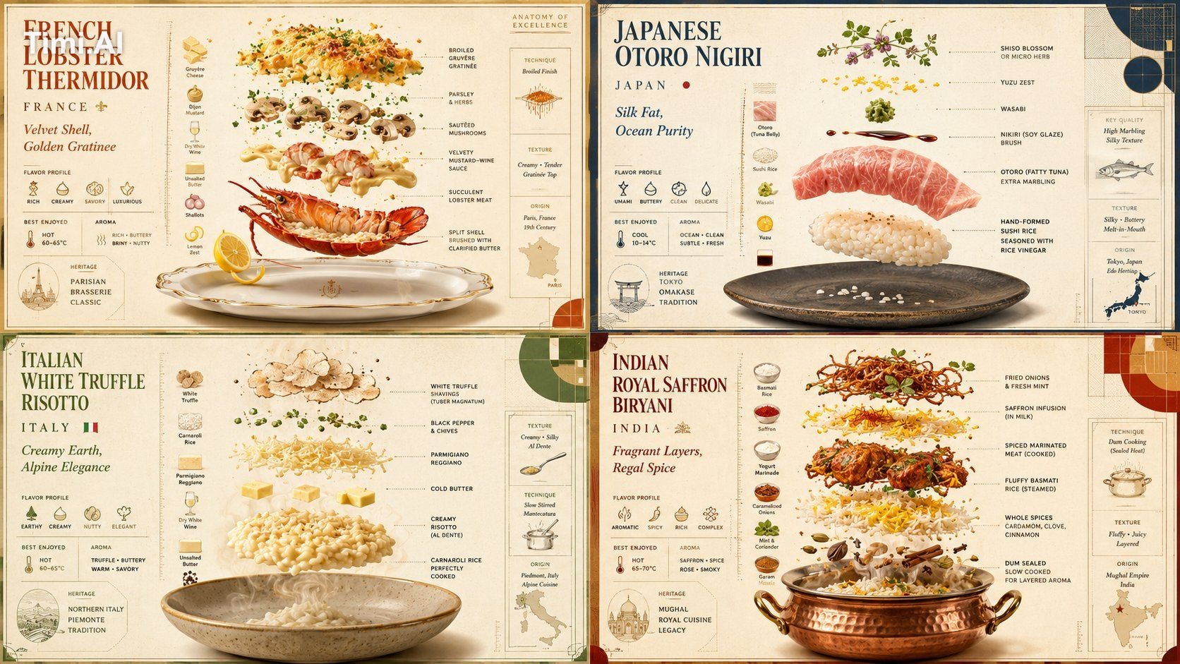 2x2 grid, 16:9, do this for 4 luxury international foods; class poster_…