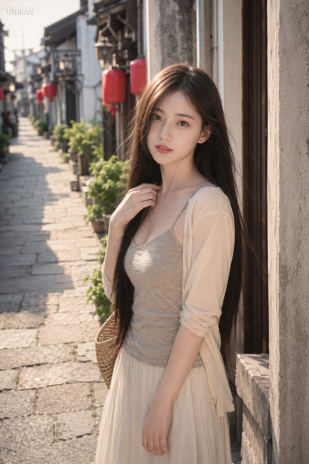 创作一幅写实的竖幅户外生活时尚肖像，描绘一位21岁以上的东亚成年女性，她站在一条静谧的老城区小巷里，身旁是一堵饱经风霜的石墙。她位于画面中心偏… 2
