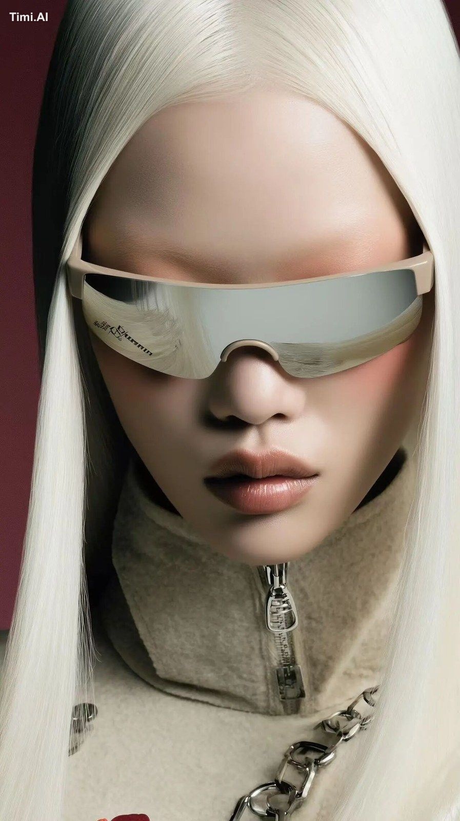 A cinematic close-up and wide shot of an androgynous model with sharp p…