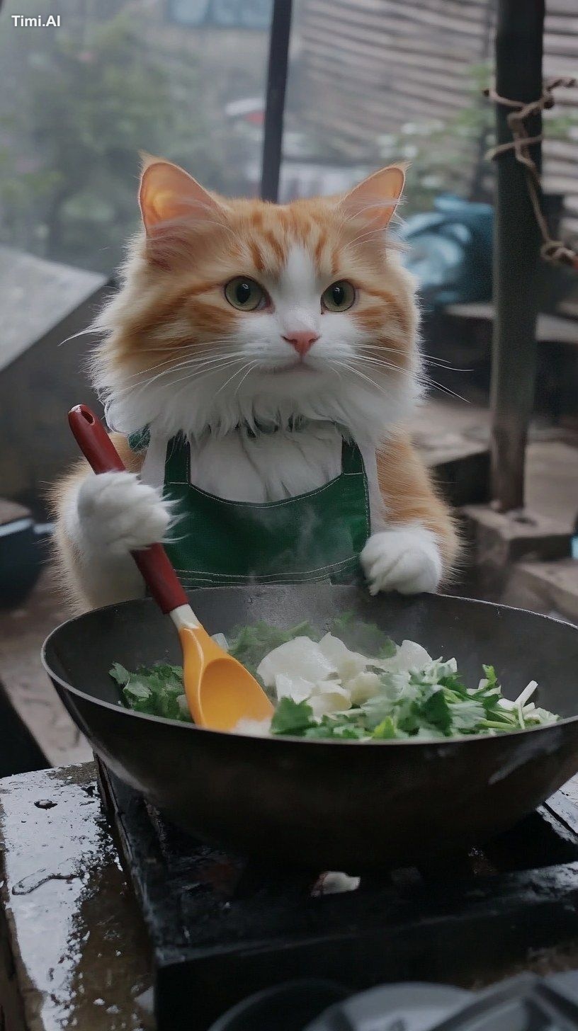An orange cat, holding a spatula, is cooking in a wok --ar 9:16 --sref …