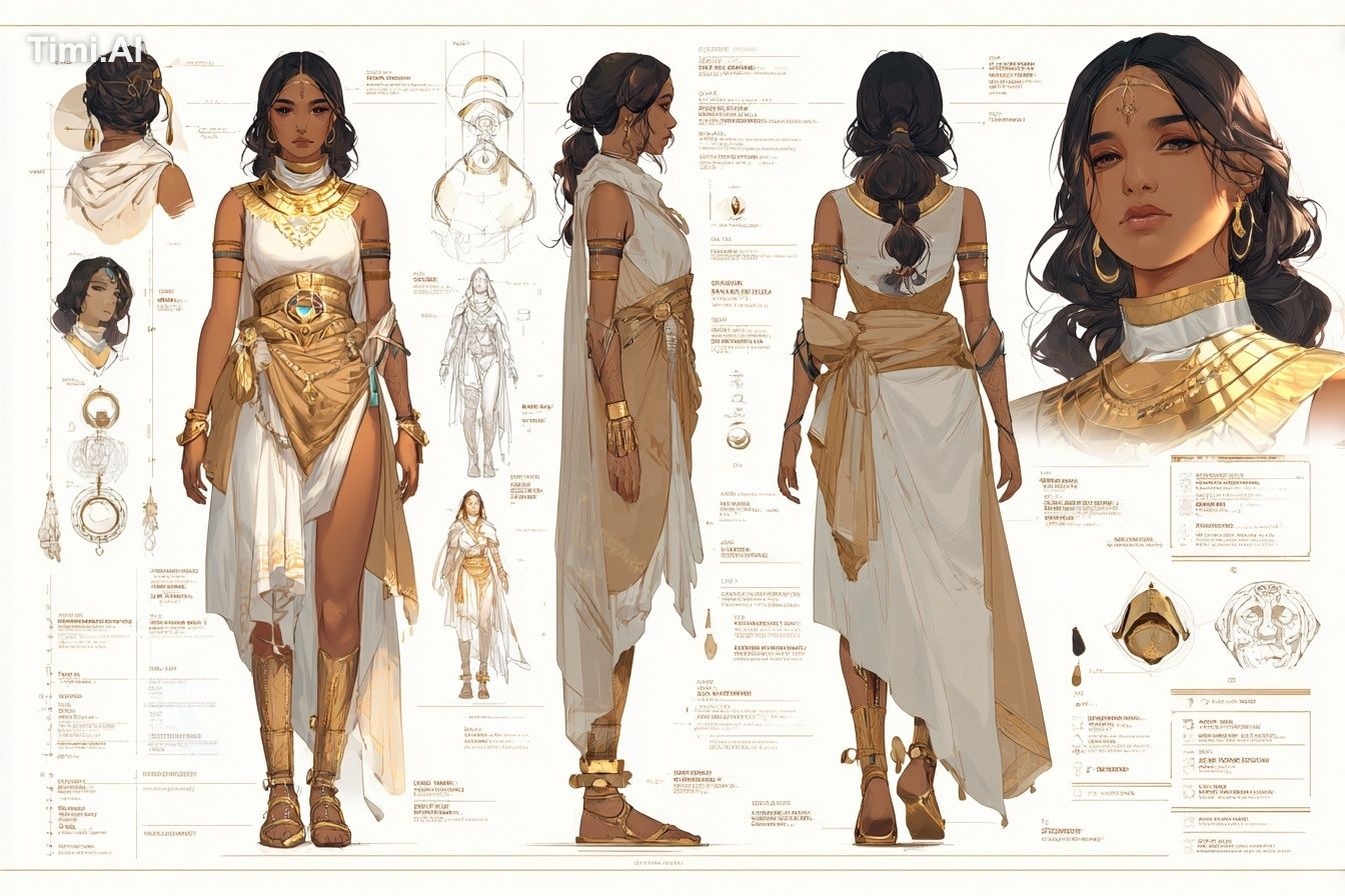 A character concept sheet of a [character], featuring detailed front, b… 1