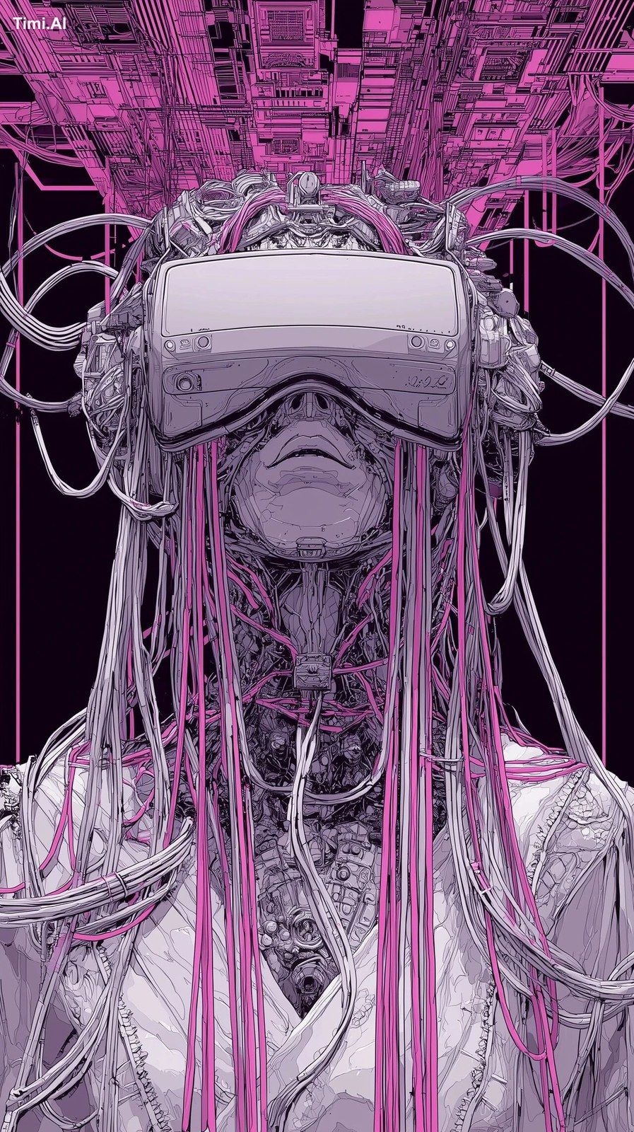 an Editorial Poster of a New Media Technology cybernetic goddess; weari…
