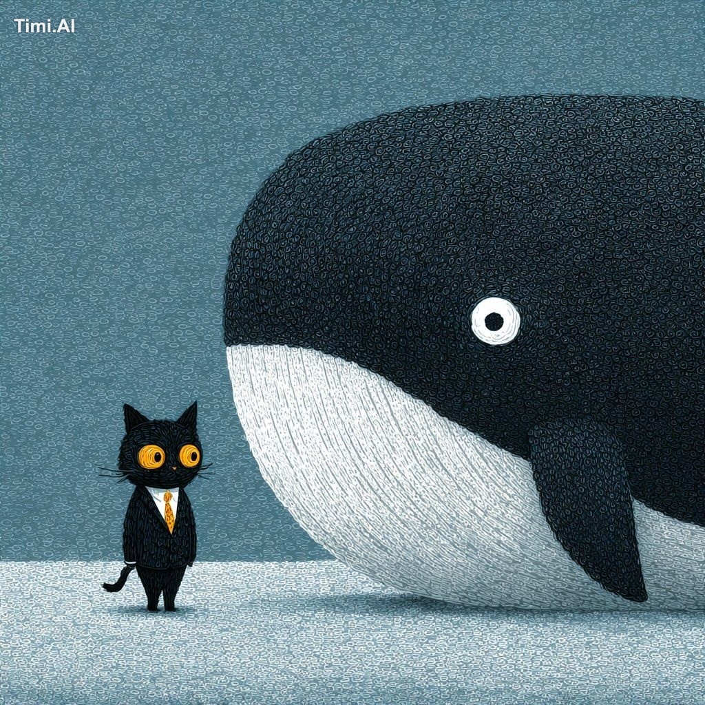tiny black cat and Big Whale wearing suit corporate --stylize 250