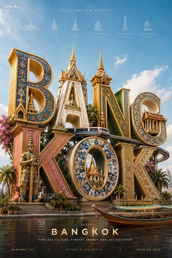 3D photorealistic travel poster for Bangkok, vertical layout, bright su…
