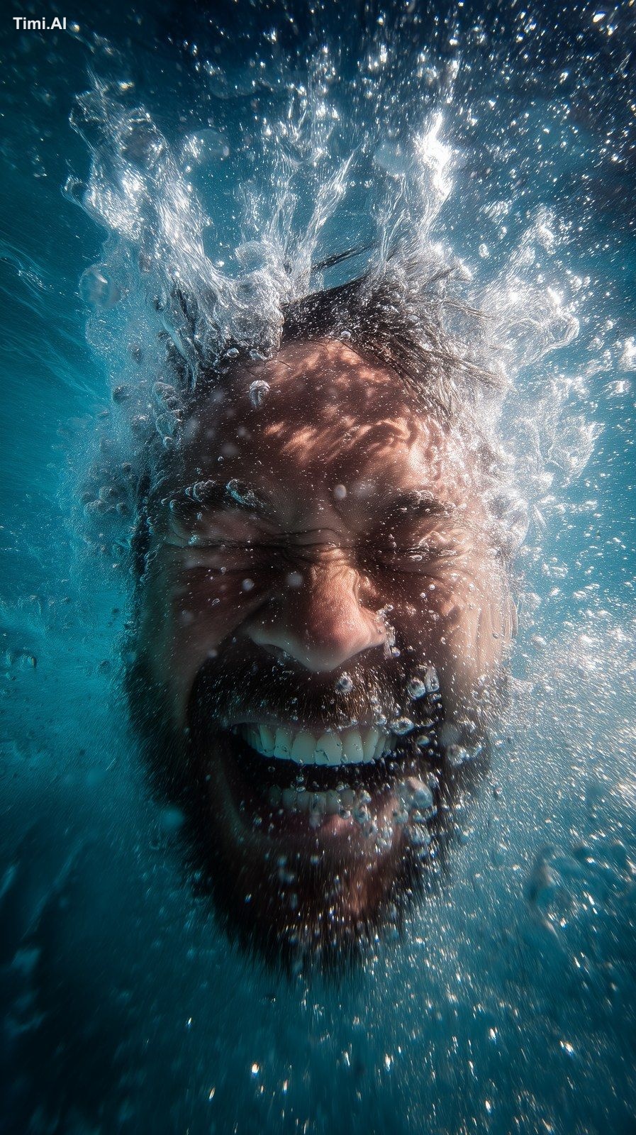 man puts his head underwater smilling, funny shot for staying hydrated …
