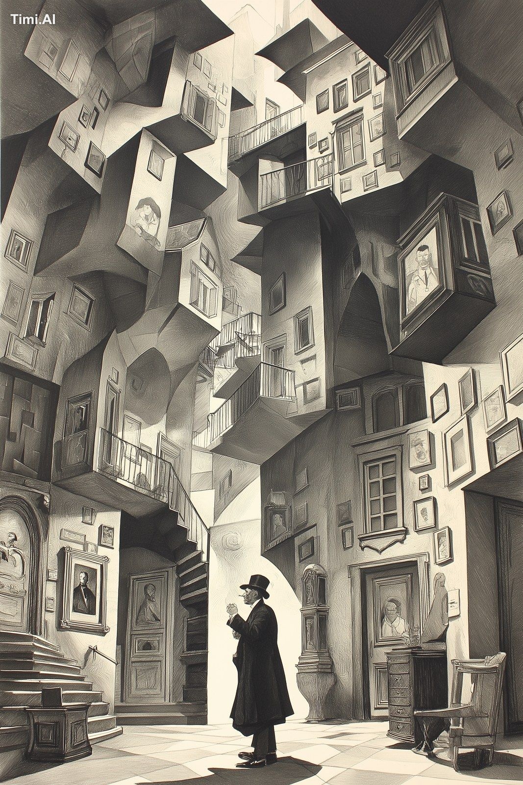 a charcoal drawing depicting an urban man caught in a nightmare world f…