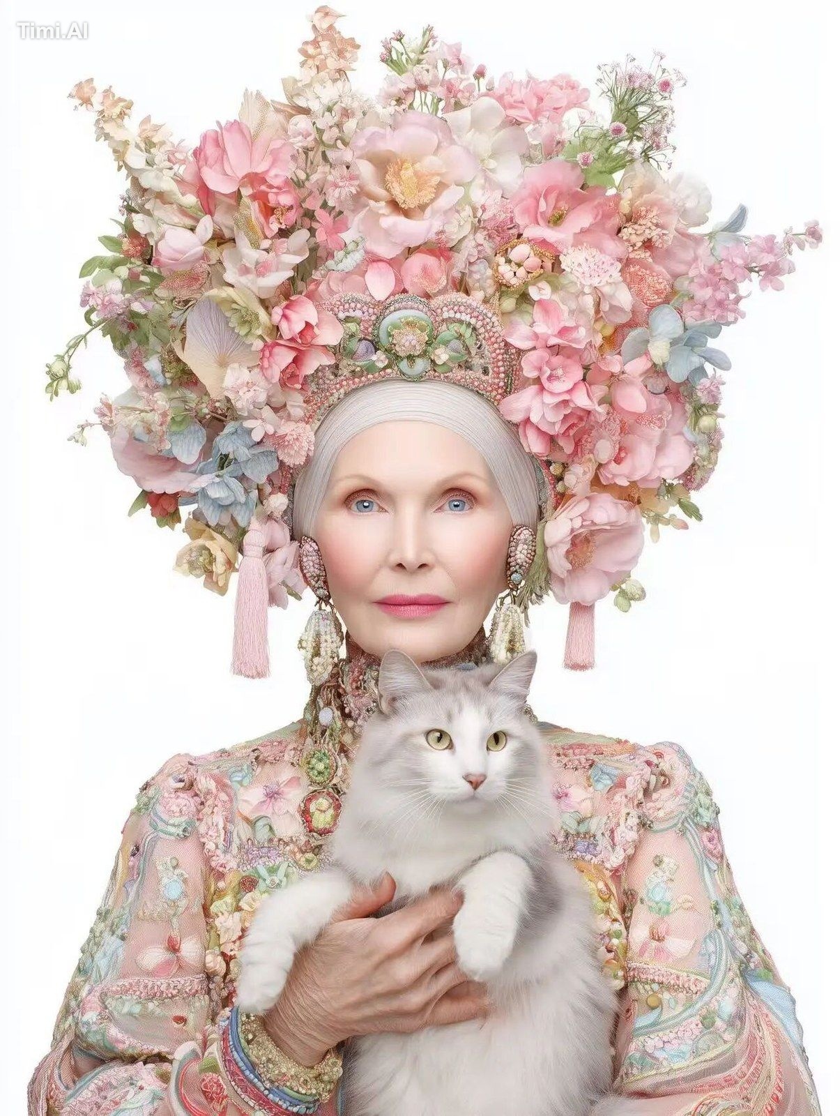 Portrait of a beautiful older woman with a colorful floral headdress, h…