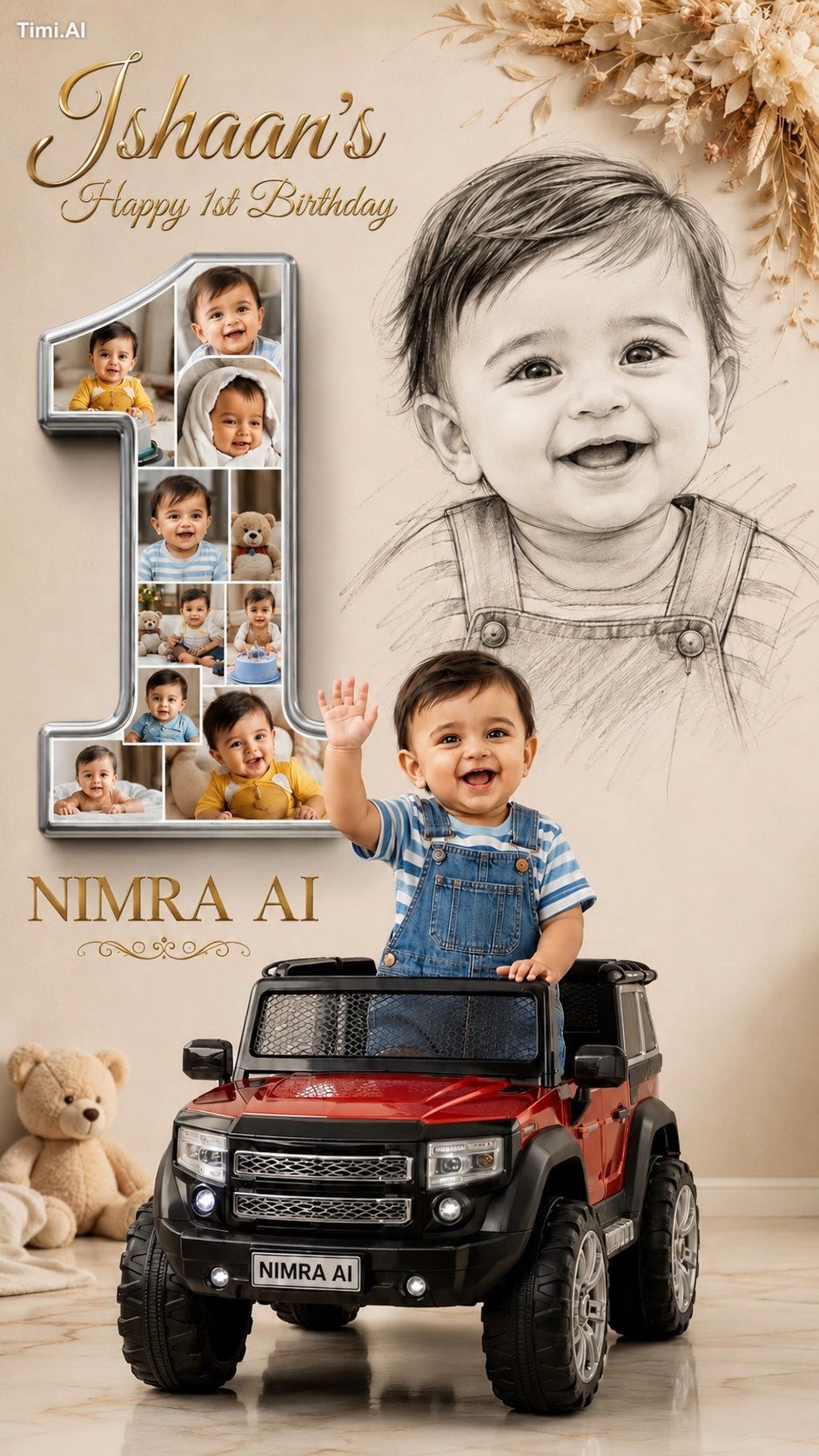 Create an ultra-realistic premium first birthday collage poster for a S…