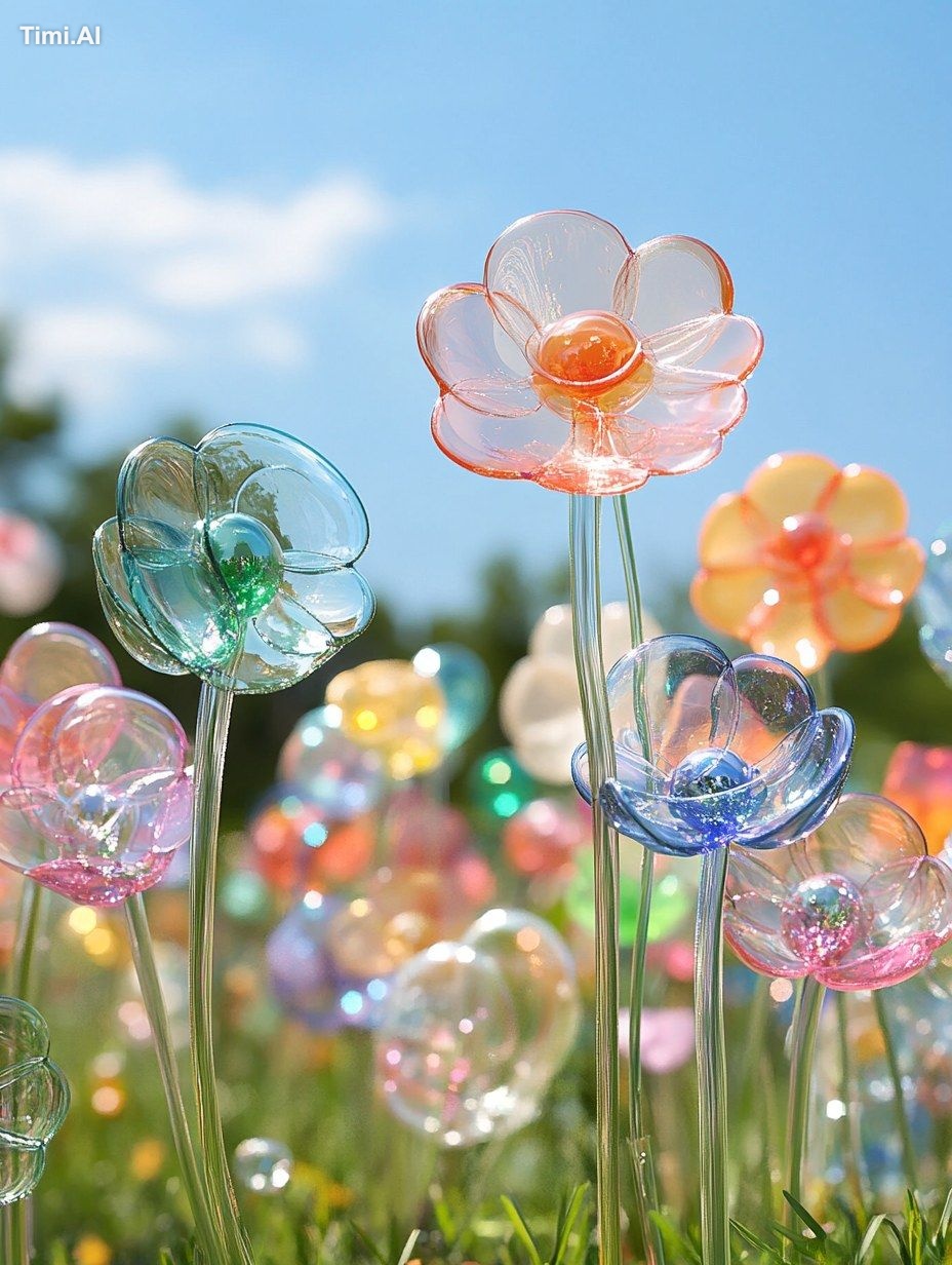 Flowers in a field made from clear light-colored balloons, roses，real f…