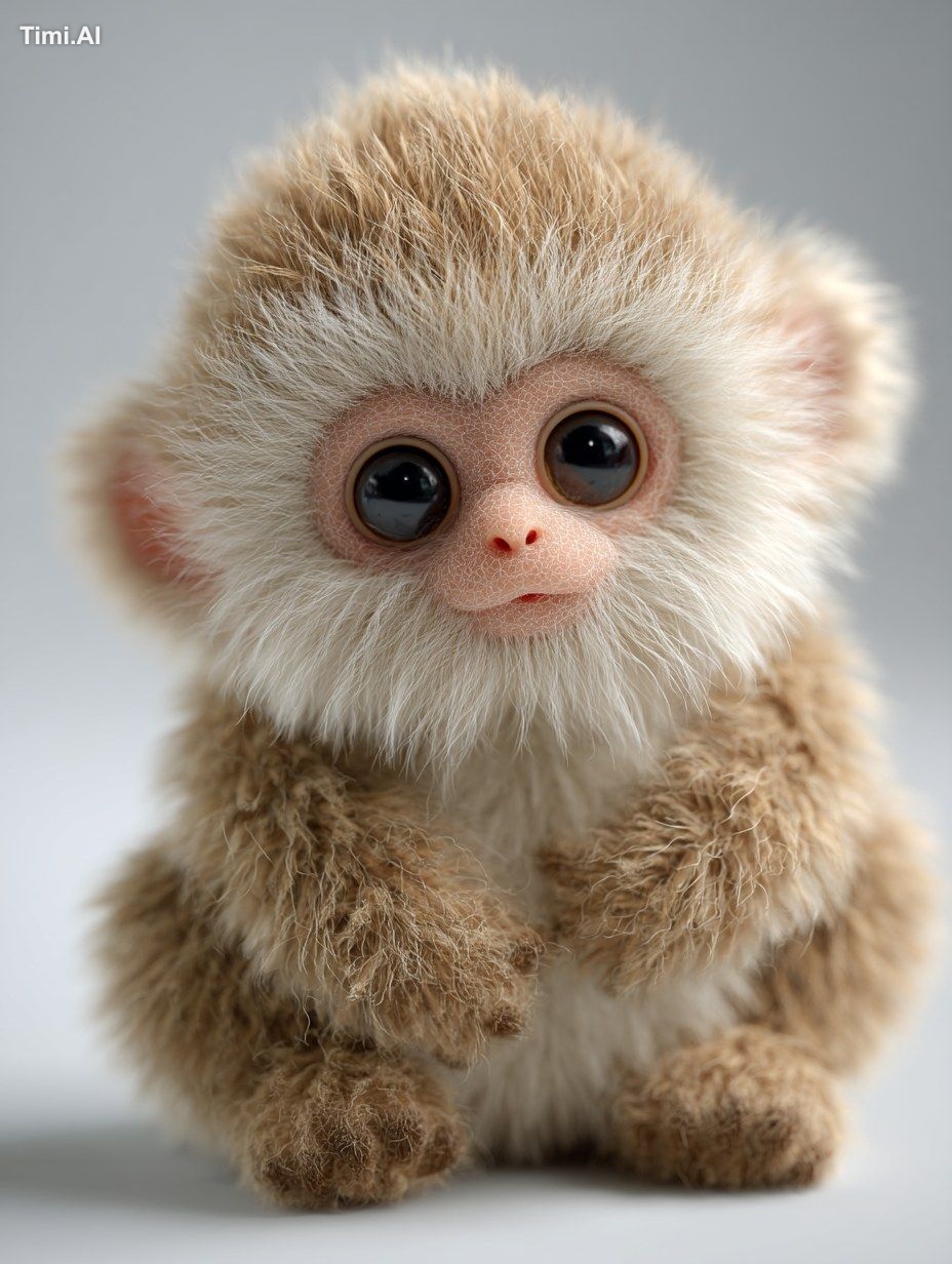 A fluffy, soft Japanese monkey with realistic fur and big, gentle eyes.…