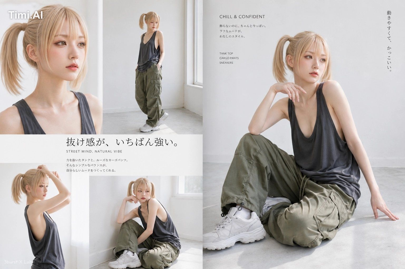 添付画像の女性と同一の架空の成人女性。顔立ち・髪型・体格・雰囲気は維持し、服装・背景・ポーズのみ変更する。21歳以上の成人女性。 主題：白〜淡… 3