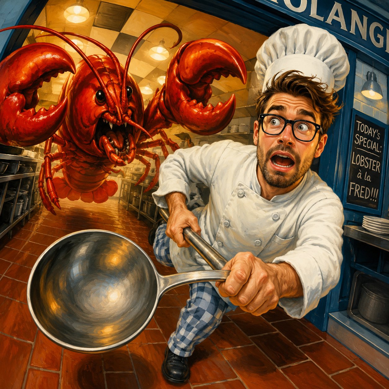 90s Mark Fredrickson "Mead No Rules" style illustration. A chef (use fa…