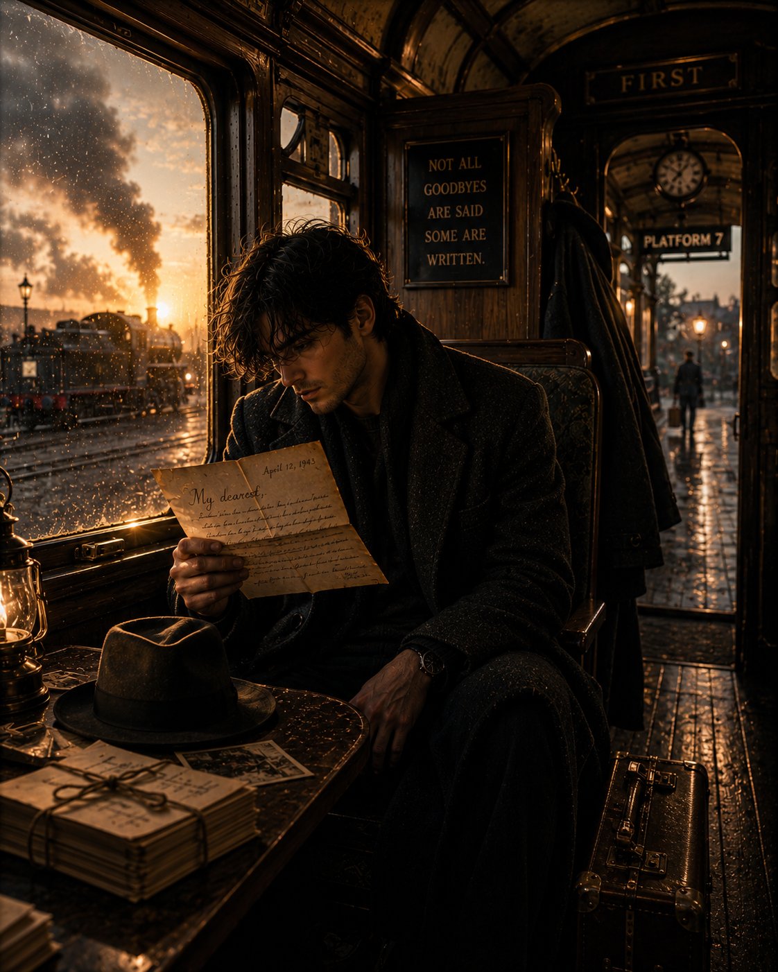 An abandoned 1940s train carriage at dawn, golden sunlight streaming th… 1