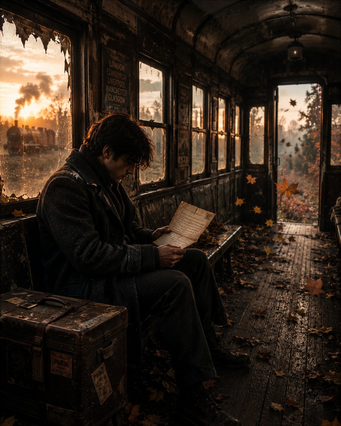 An abandoned 1940s train carriage at dawn, golden sunlight streaming th…
