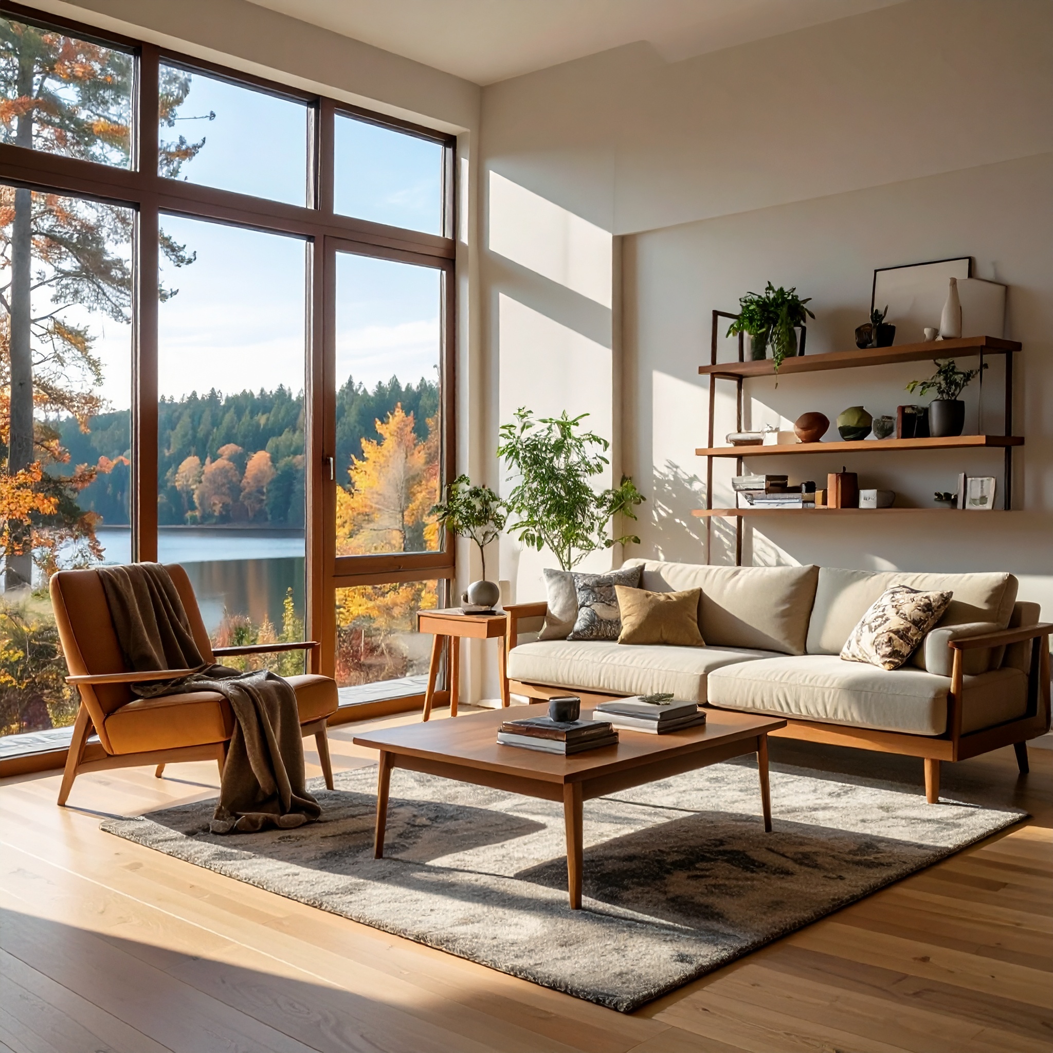 “Modern Scandinavian living room with floor-to-ceiling windows, warm af…