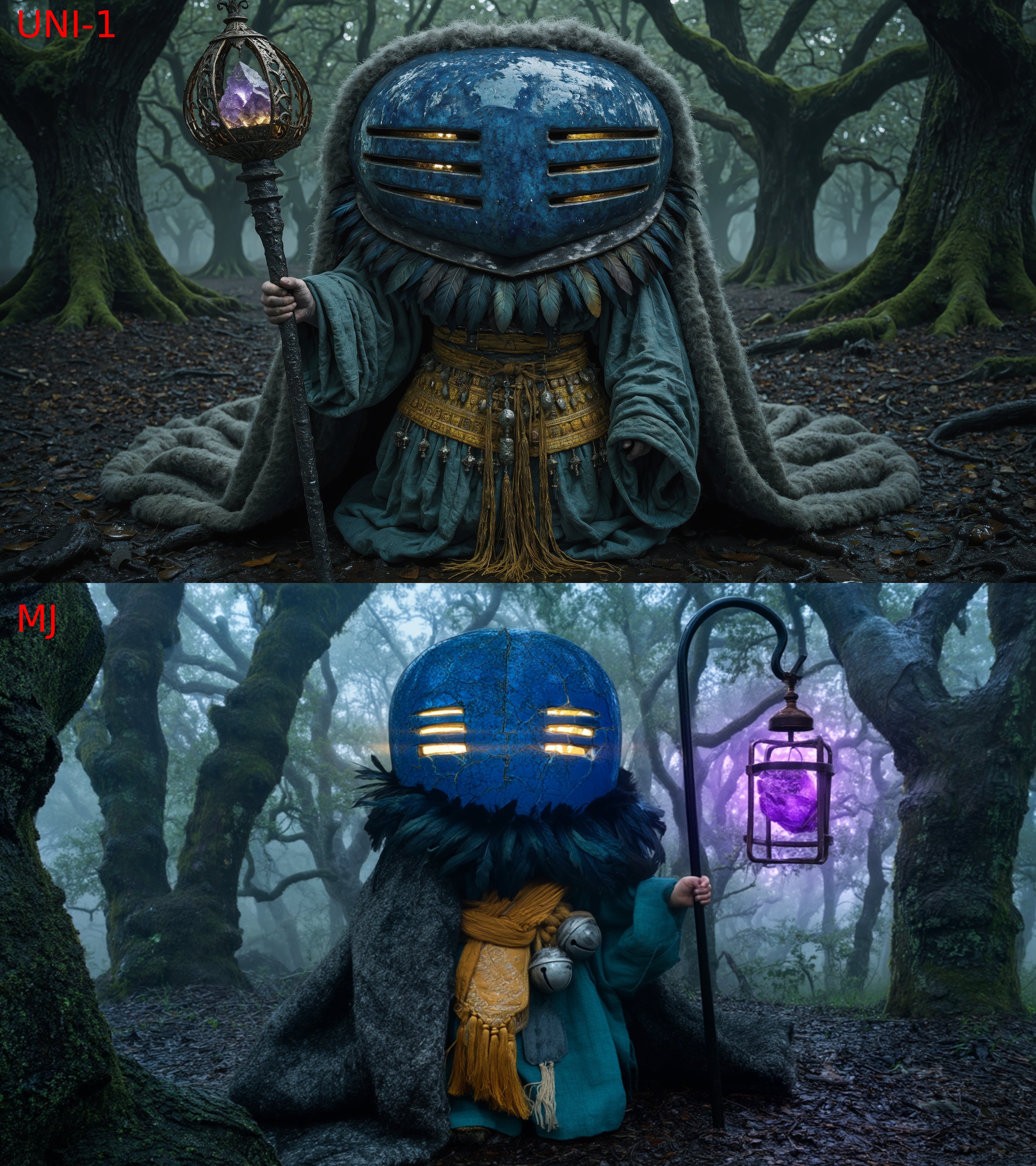 Framed in a low-angle medium shot, a diminutive shamanic figure stands …