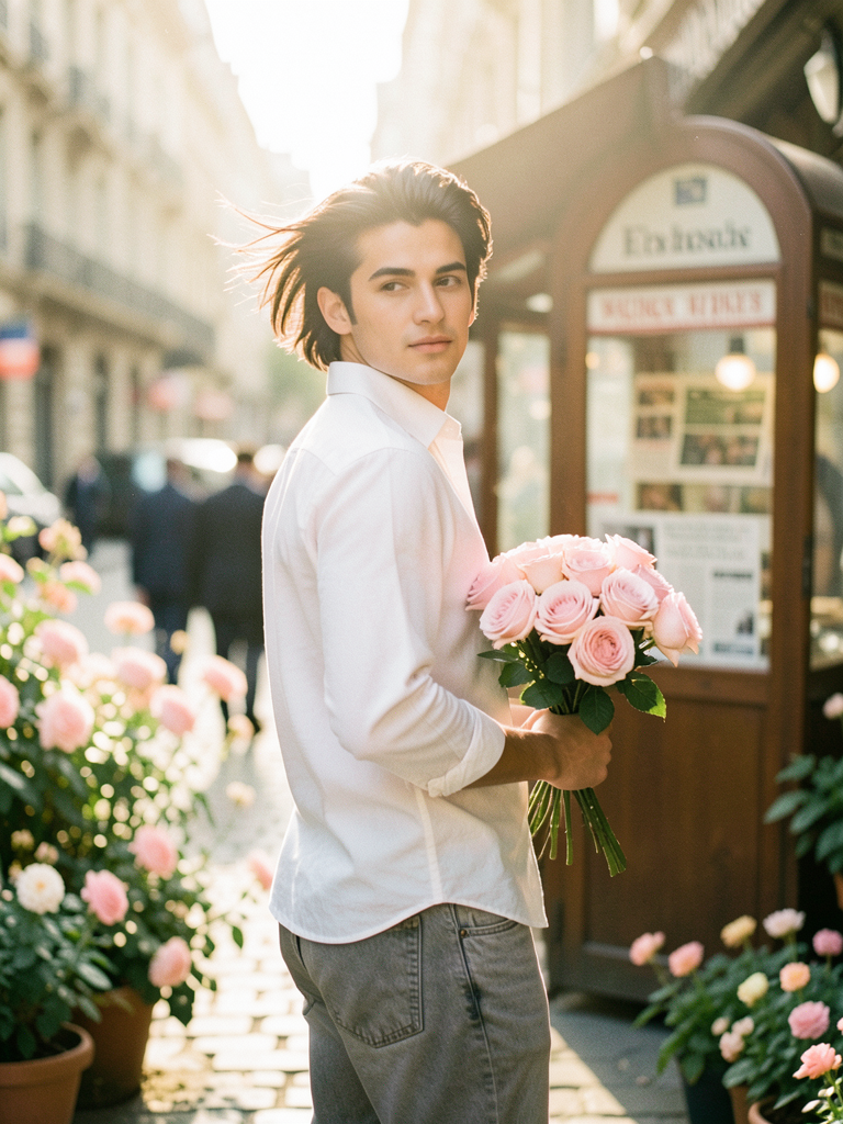 A beautiful young man with dark flowing hair holding a bouquet of soft …
