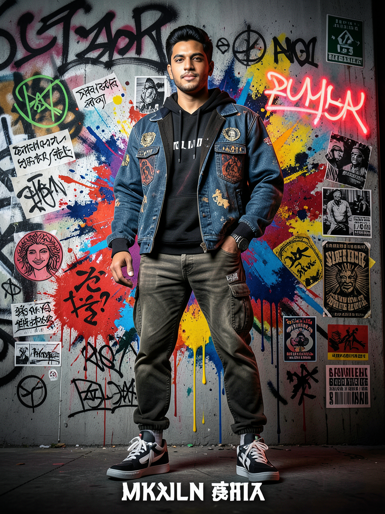 Create a high-detail portrait poster in a bold Japanese graffiti-inspir…