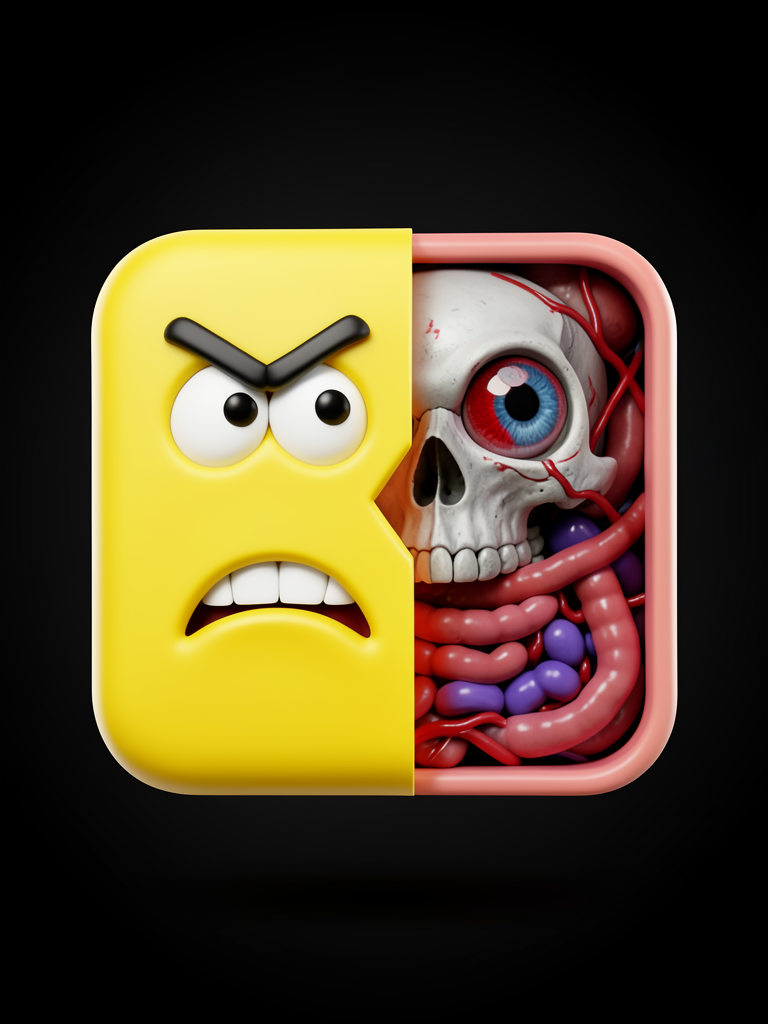 A 3D rendered square-shaped cartoon emoji character with bright yellow …