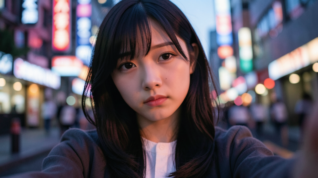 エモーショナルな雰囲気で、夕暮れ時の柔らかな光に包まれた日本人女子大生の自撮り写真。彼女の表情は少し憂いを帯びており、背景には都会のネオンがぼ…