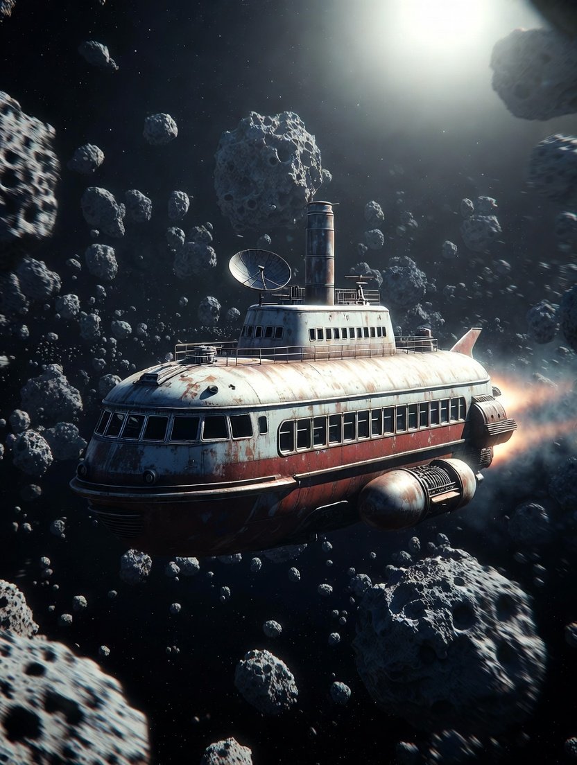 { "prompt": "retro-futuristic submarine spaceship flying through dense …