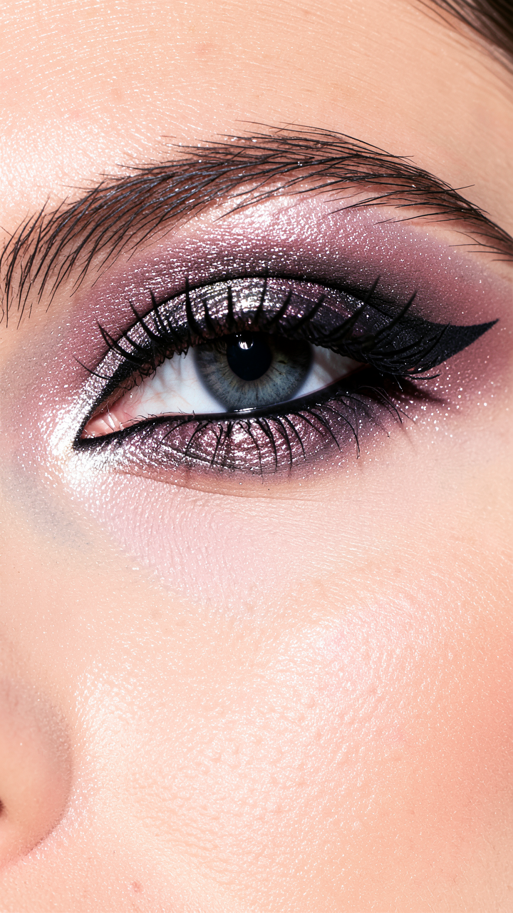 Close-up of artistic eye makeup, bold metallic eyeshadow blend, long la…