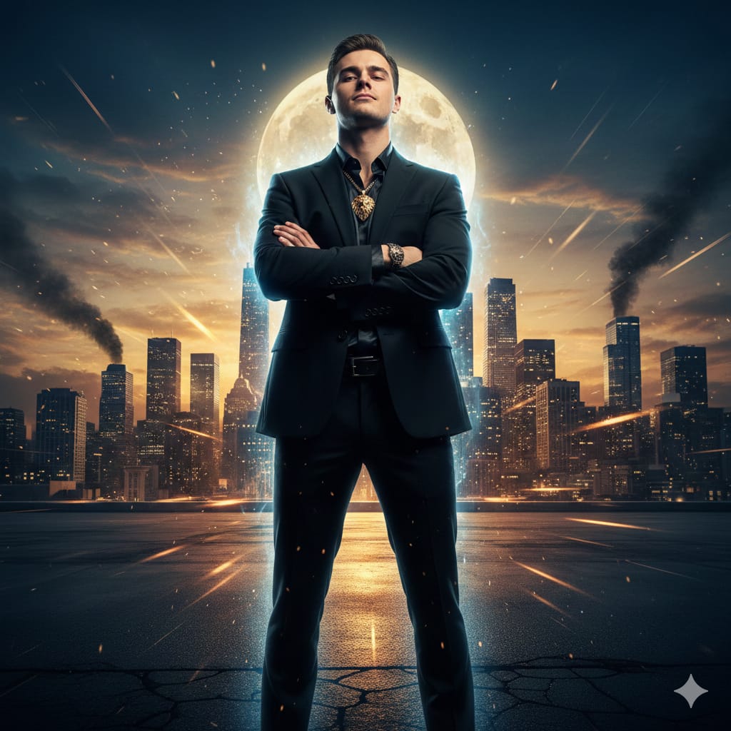 { "Objective": "Create a high-impact cinematic portrait of a young man …