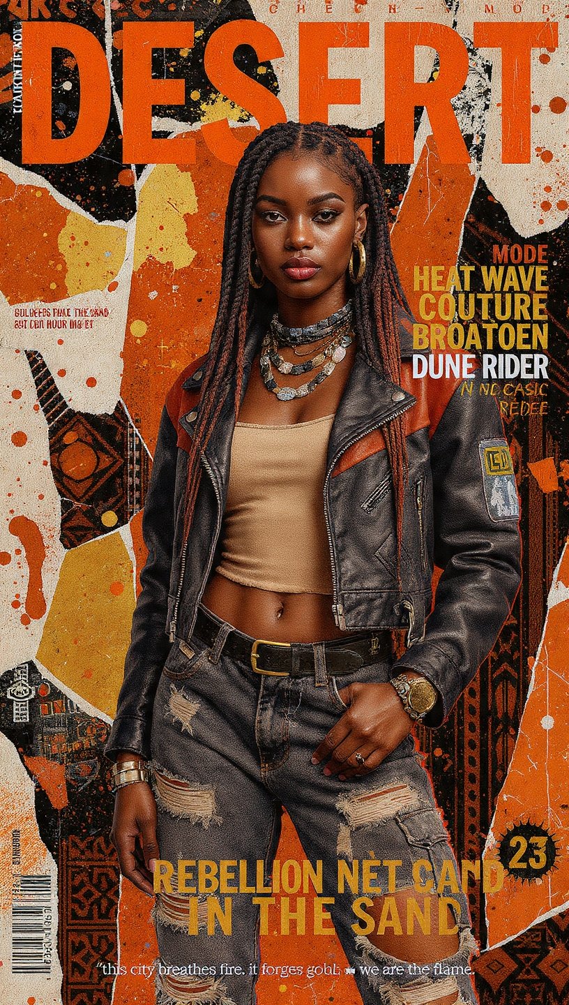 A high-fashion magazine cover titled "DESERT" features a woman with lon…