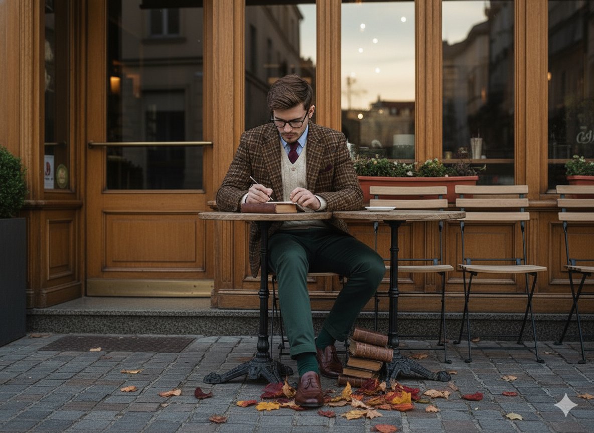 stylish man in vintage preppy outfit reading a book outside a European … 2
