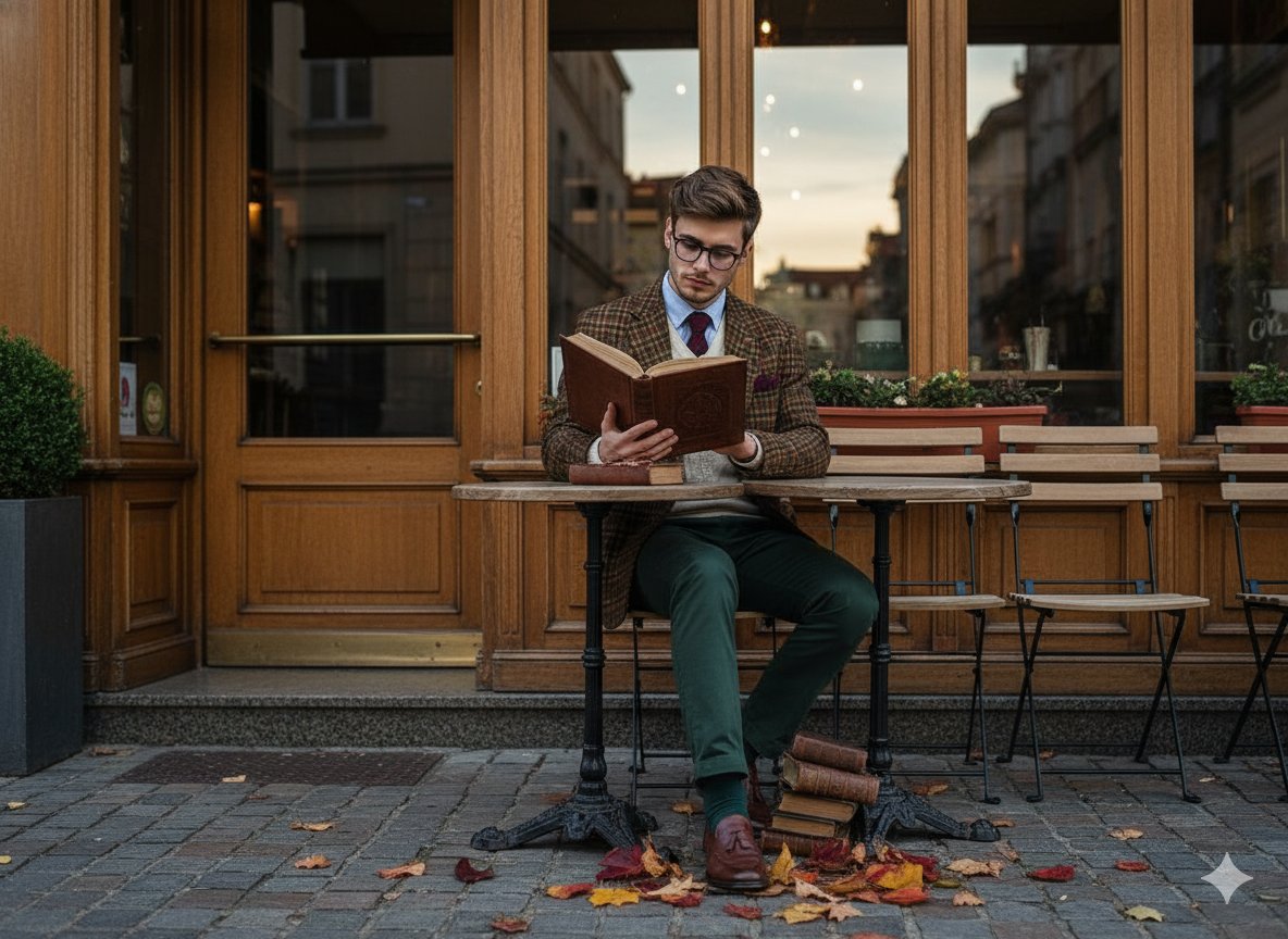 stylish man in vintage preppy outfit reading a book outside a European …