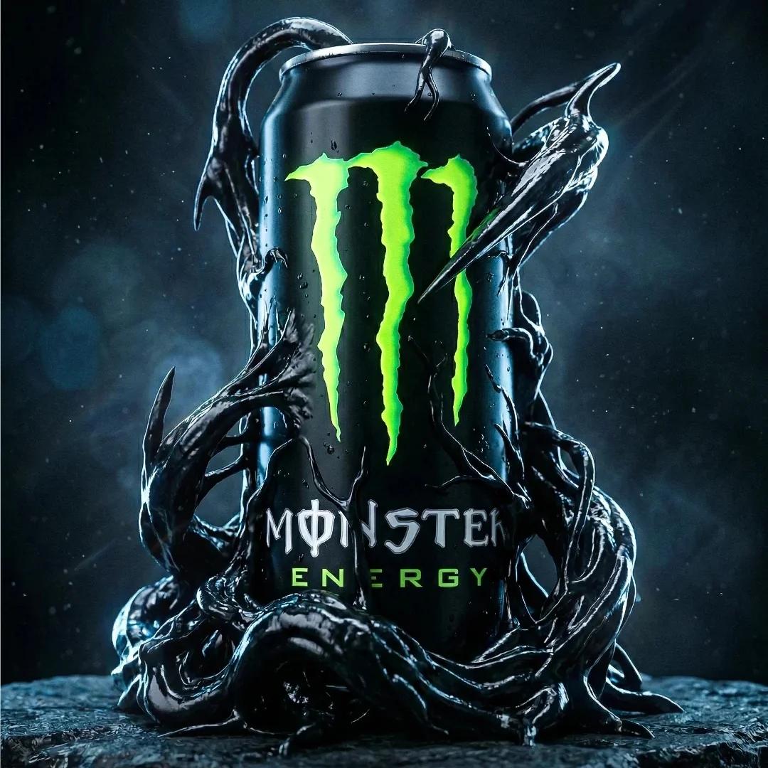 Cinematic ultra-high-end product photography of an official Monster Ene…