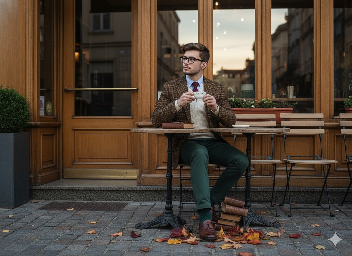 stylish man in vintage preppy outfit reading a book outside a European … 1