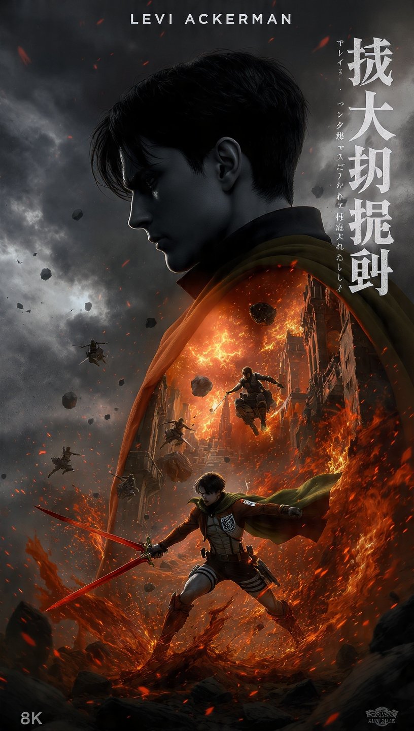 A cinematic, double-exposure digital art poster featuring Levi Ackerman…