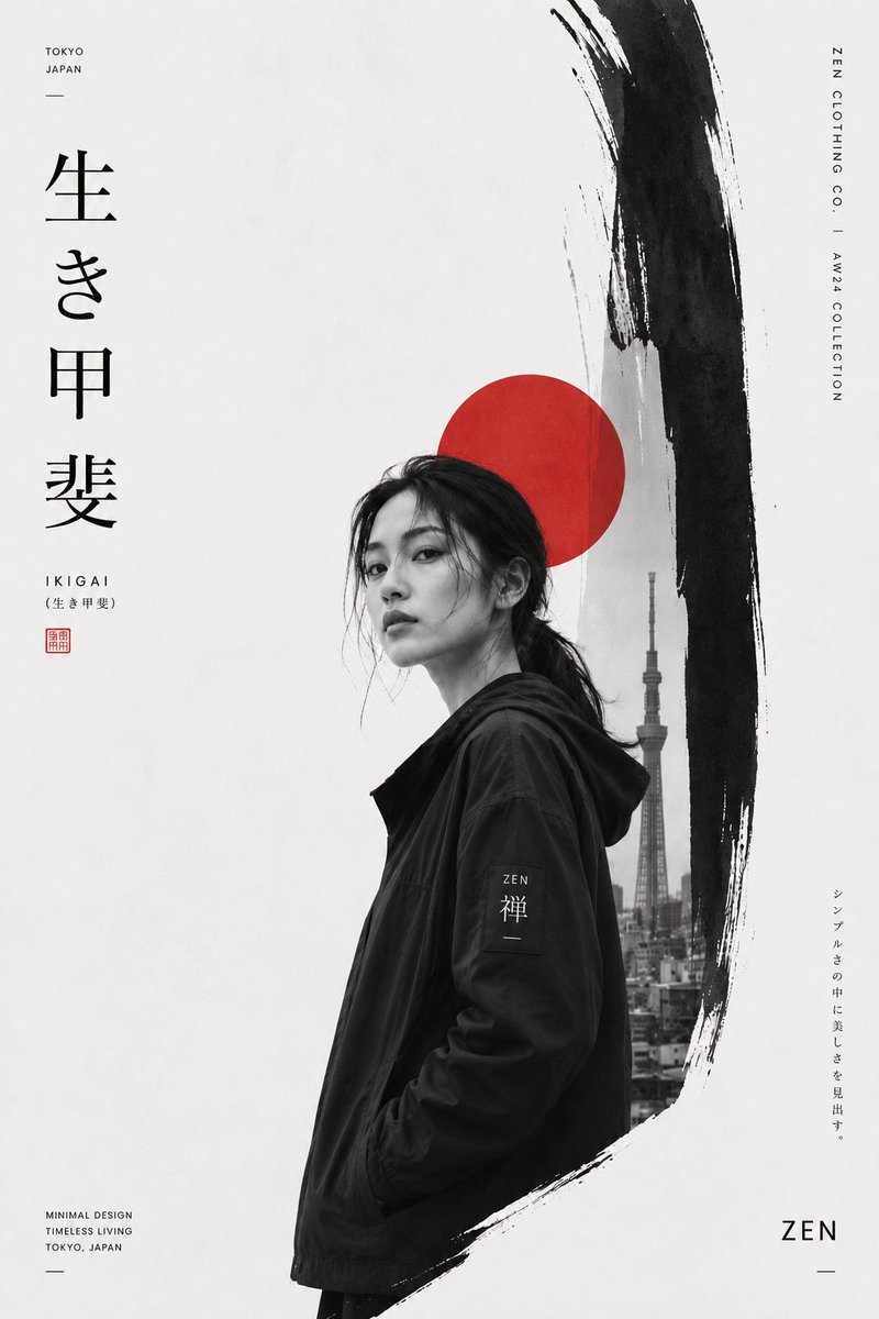 Create a premium Japanese-inspired minimalist fashion editorial poster …