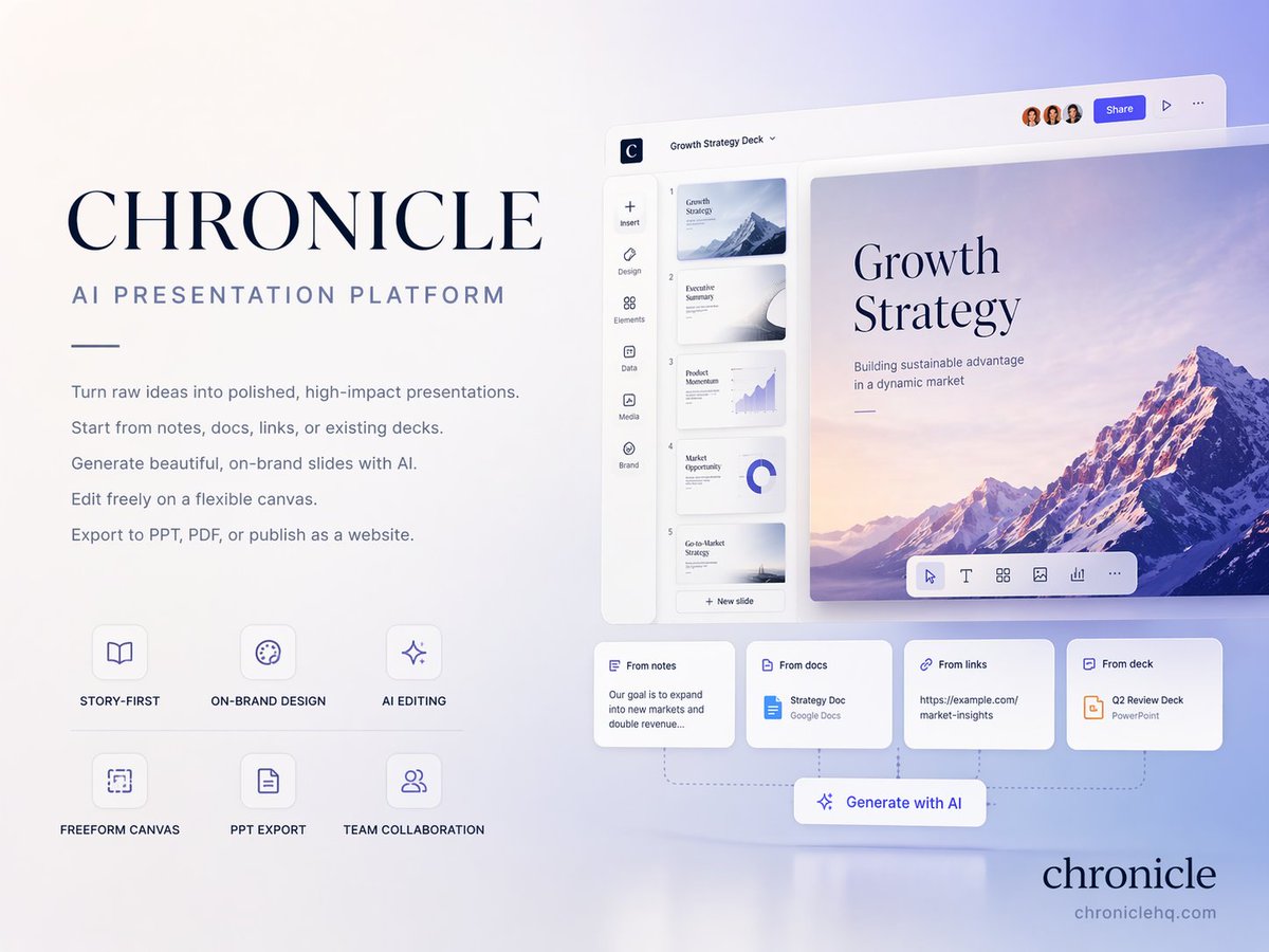Create a premium 4:3 presentation cover slide introducing Chronicle, th…