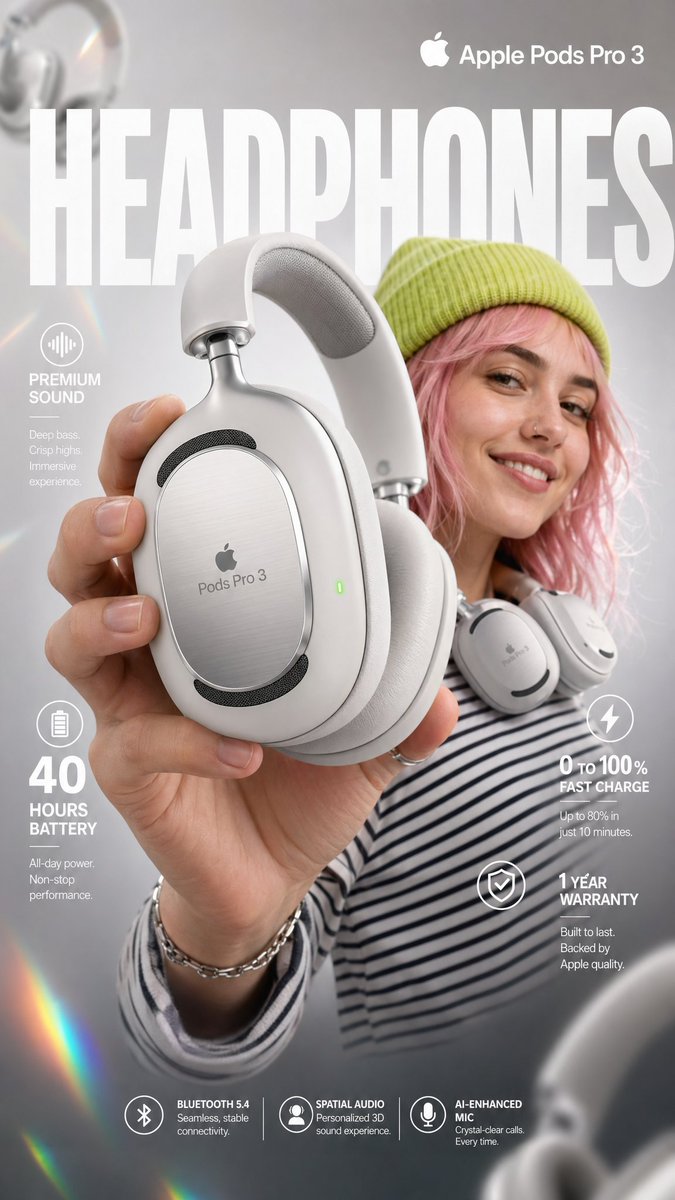 High-impact e-commerce infographic for "Apple Pods Pro 3" premium wirel…