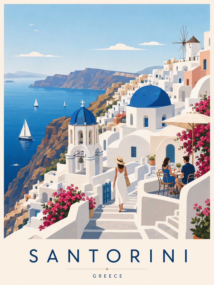 Create a premium editorial travel poster illustration of Santorini, Gre…