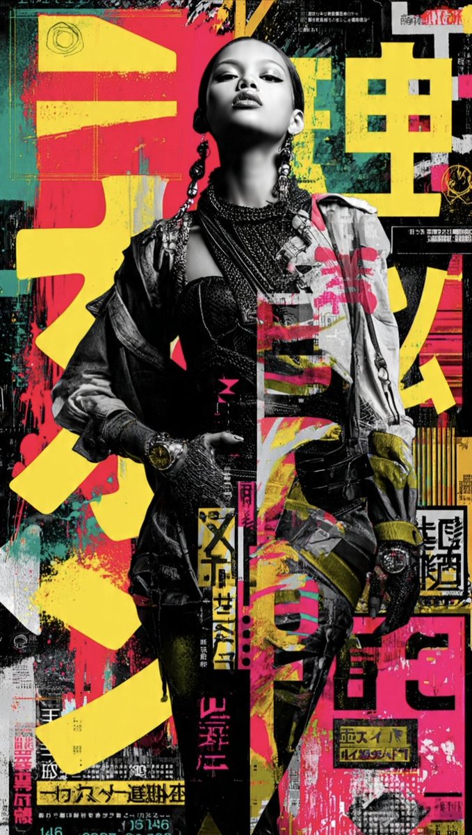 A striking, avant-garde editorial collage featuring a confident fashion…