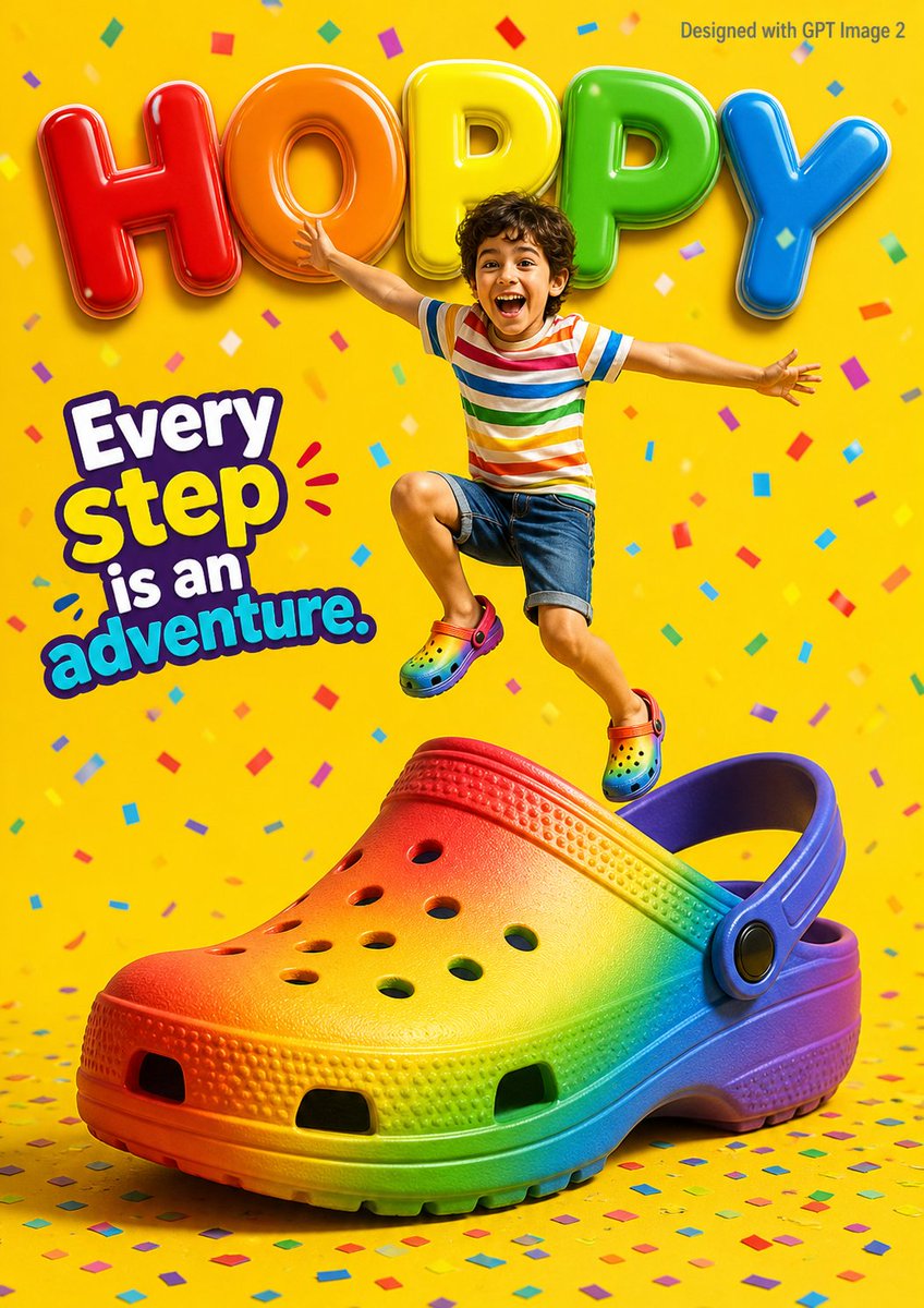 A vibrant children’s shoe advertisement poster featuring a joyful 7-yea…