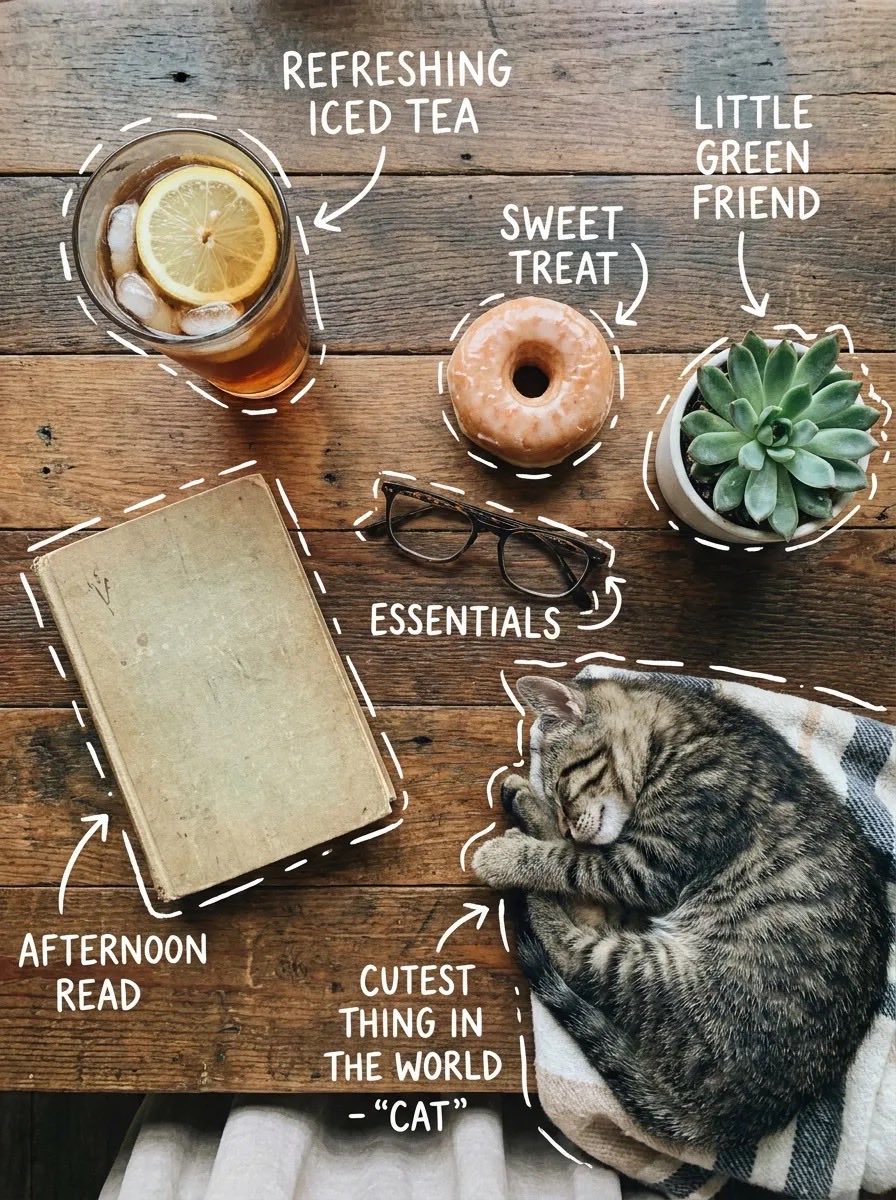 Top-down flat lay on a rustic wooden table, cozy aesthetic, soft natura…
