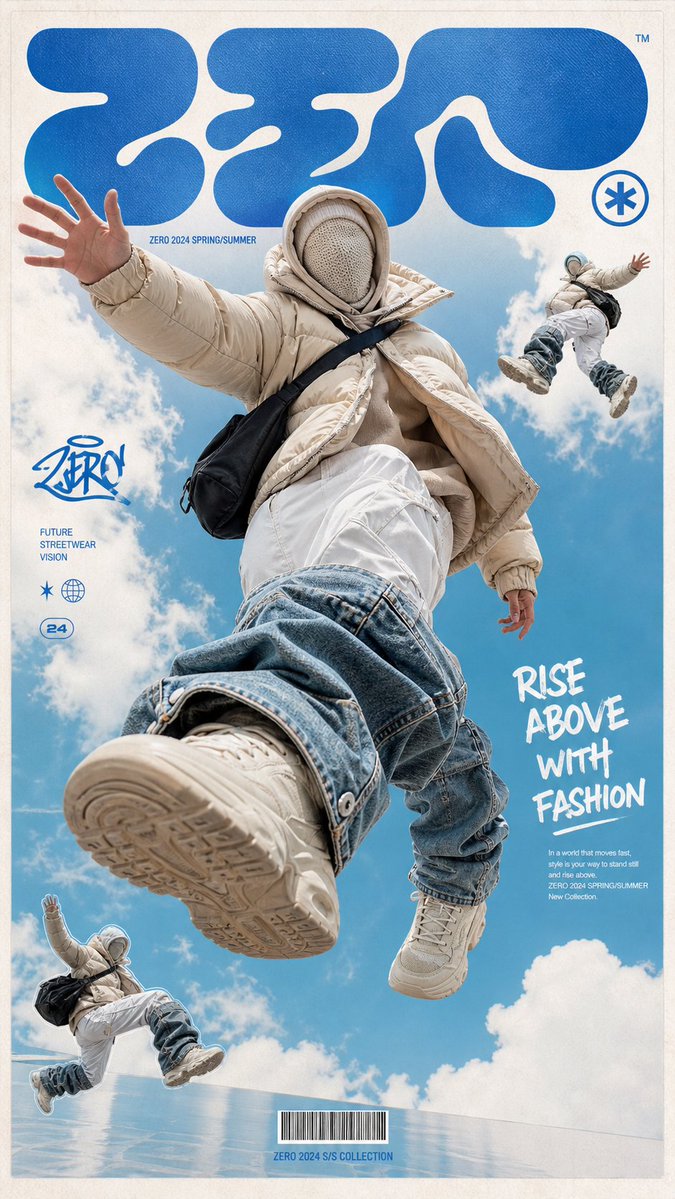 一张高端潮流街头服装海报，画面主体是一位无脸的未来感模特漂浮跳跃在天空中，穿着超大号米色羽绒服、层叠兜帽和针织面罩，面部被完全遮住；下身穿白色…