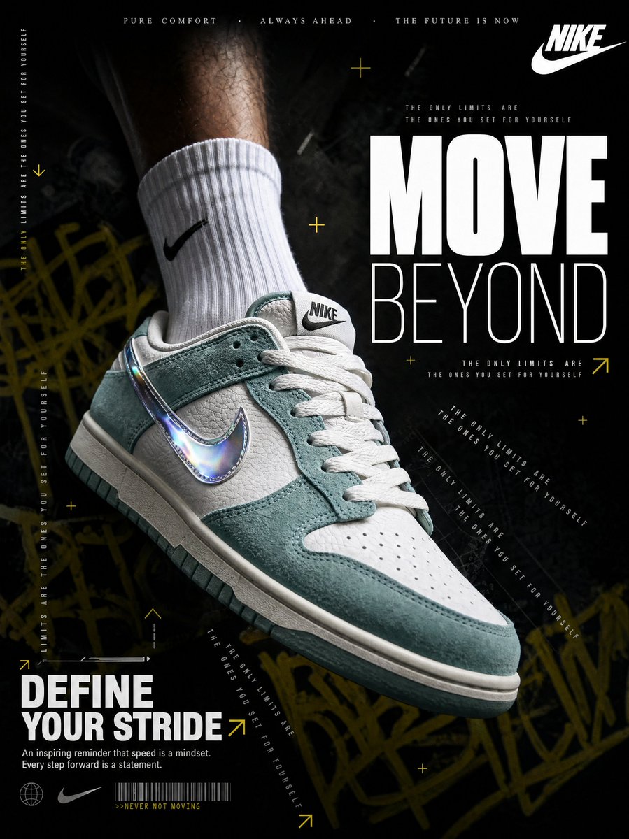 A hyperrealistic Nike sneaker advertisement shot in a dark, moody edito…