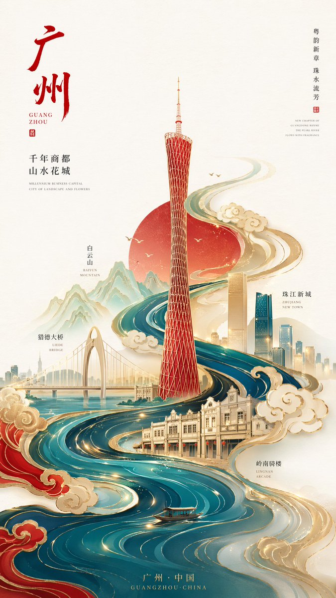 新中式极简风格高端城市海报，9:16竖版构图，以广州为核心主题，画面中心为抽象几何化的广州塔，造型简洁但具有辨识度， 整体采用S型流动构图，从…